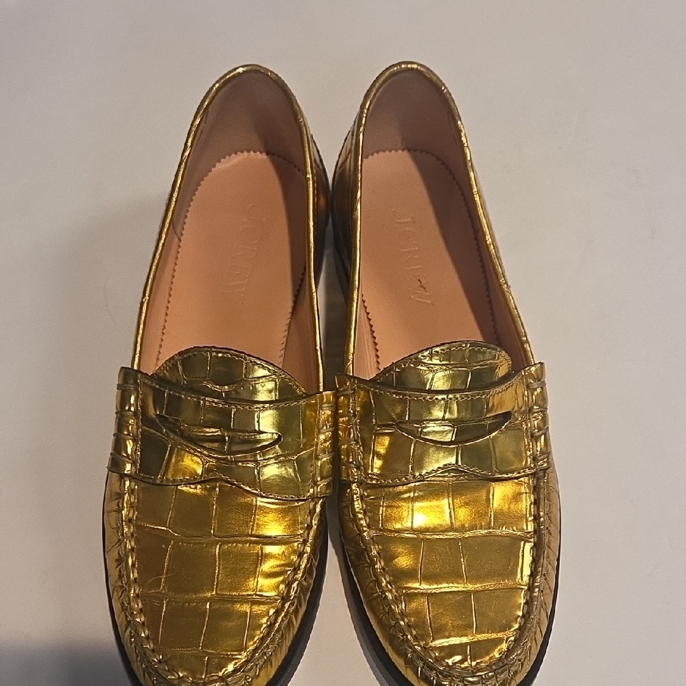 J. Crew Croc-Embossed Metallic Gold Penny Loafers